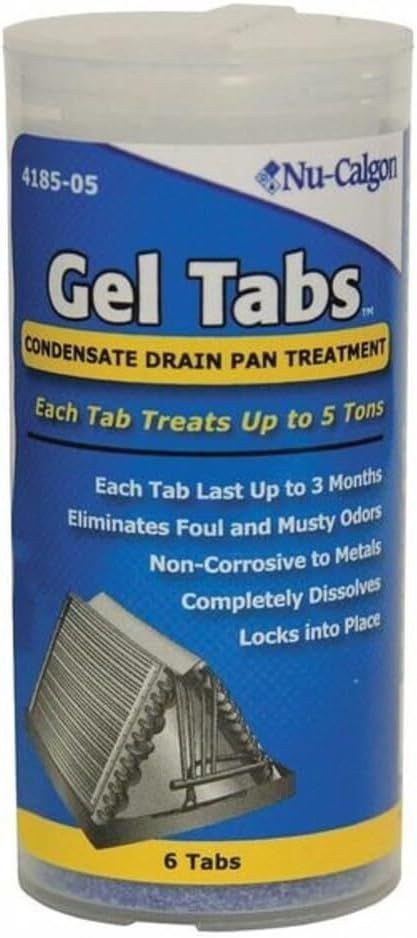 Nu-Calgon Gel Tabs drain pan treatment container with blue and yellow label, 6 tabs shown