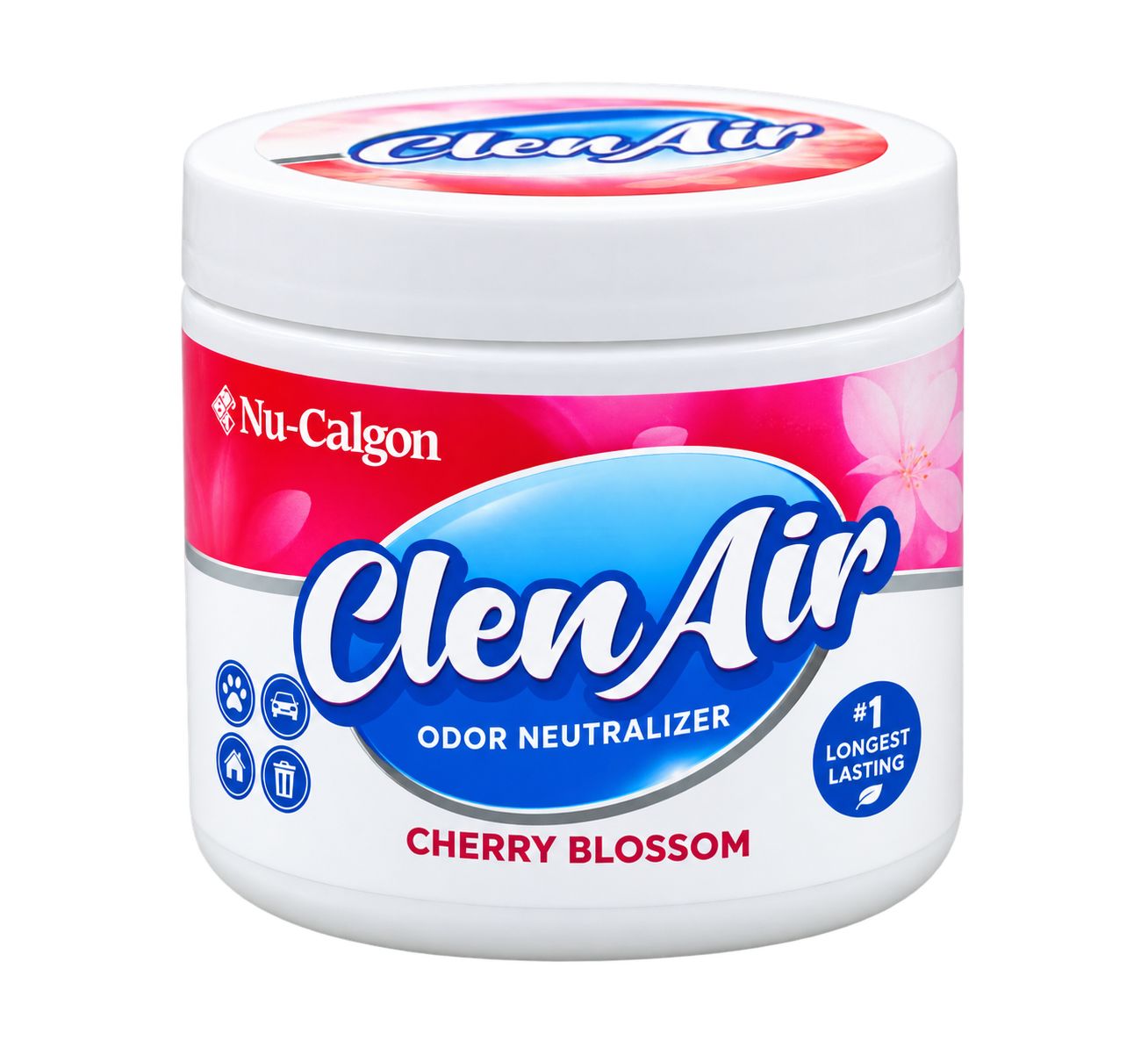 Round white and red Clen Air cherry blossom odor neutralizer container.