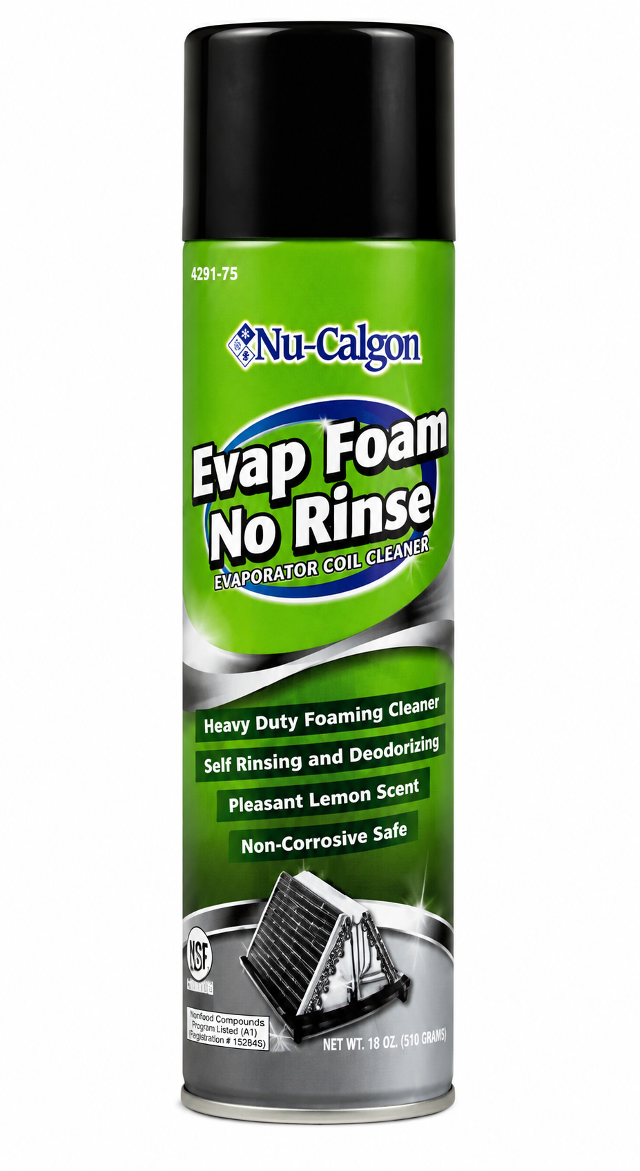 Nu-Calgon Evap Foam No Rinse aerosol can, green and black label with evaporator coil graphic