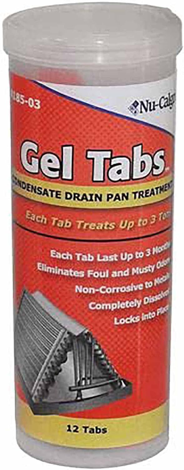 Bottle of red-and-yellow Gel Tabs drain pan treatment with a white cap
