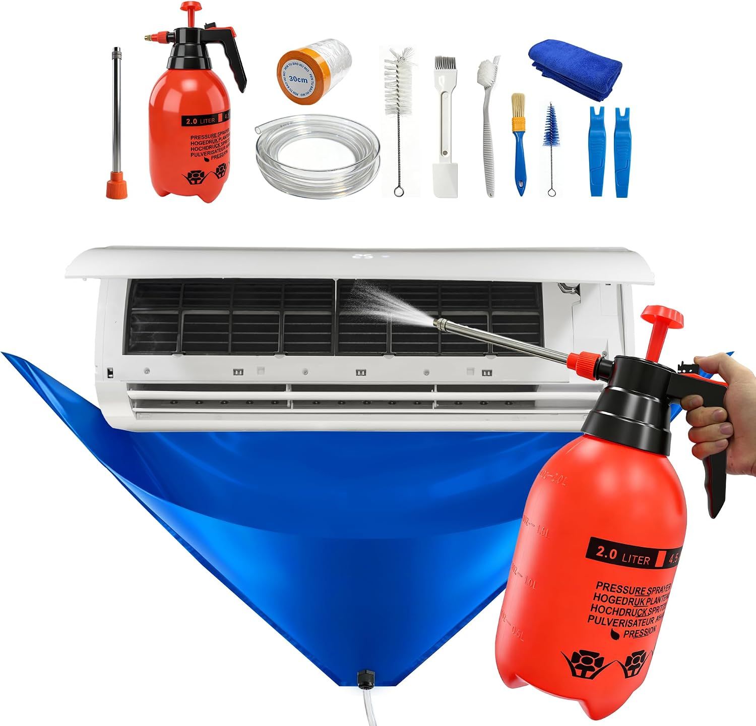 Split air conditioner cleaning kit with red pump sprayer, tools, and blue waterproof wash bag exposing indoor unit.
