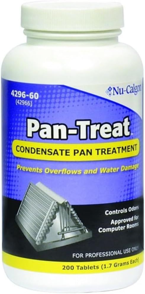 Pan-Treat condensate pan treatment bottle with blue and yellow label on white background