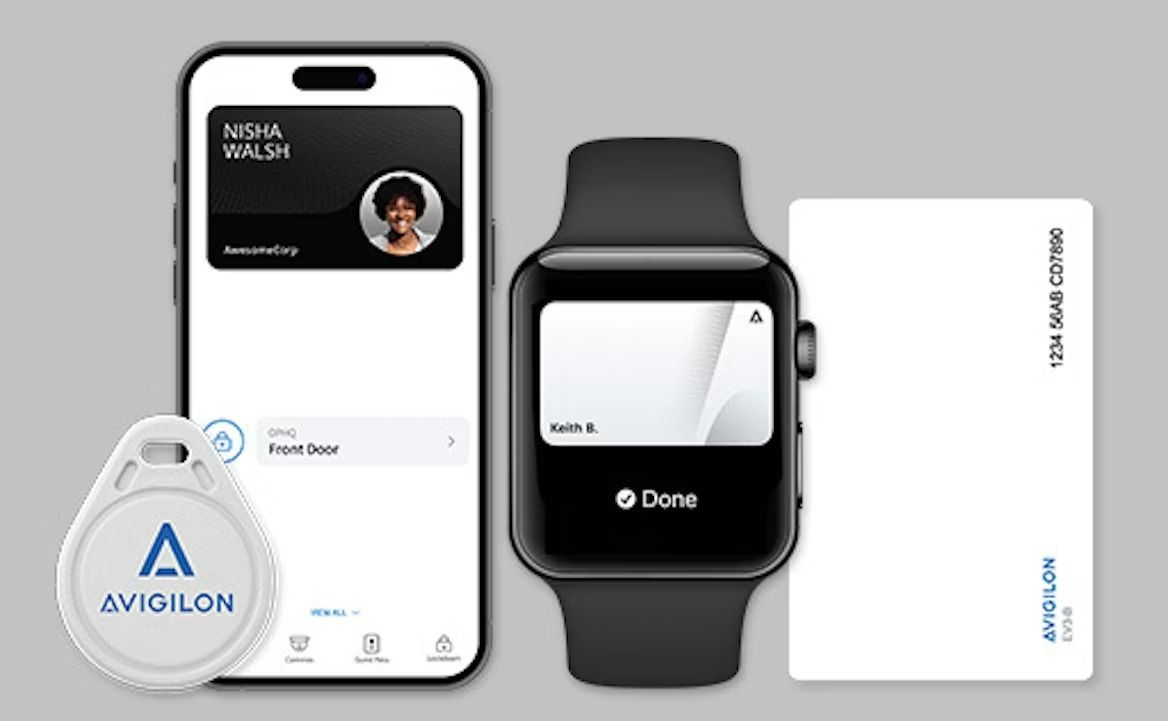 Digital access technology, including a phone, watch, keychain, and card, displays a digital ID for building entry.
