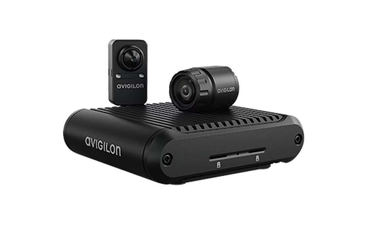 Black security system with two cameras on top of a rectangular base.