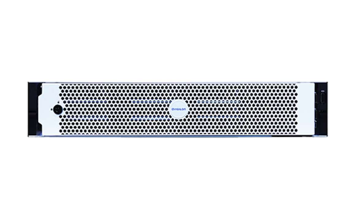Perforated server rack front with the company logo in the center.