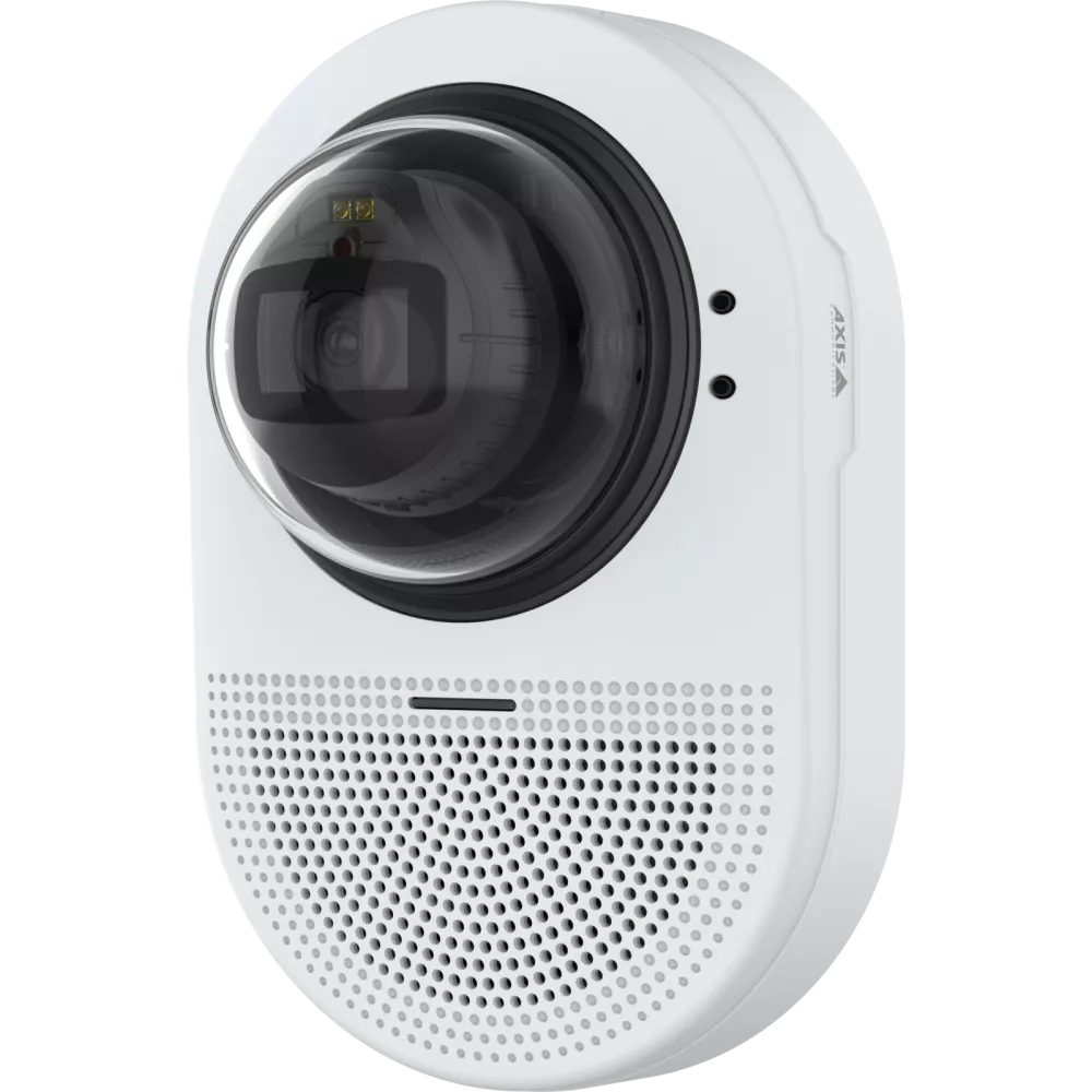 White security camera with a dome lens and speaker grill.