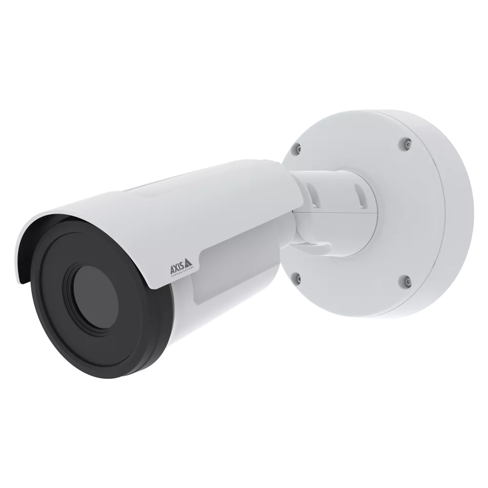 White security camera mounted on a wall, angled slightly towards the left.