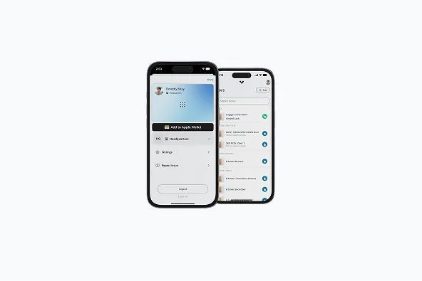 Two smartphones displaying app interfaces; one with user details, the other with a list.