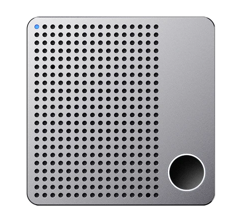 Silver square speaker with perforated grid, blue light, and round speaker.