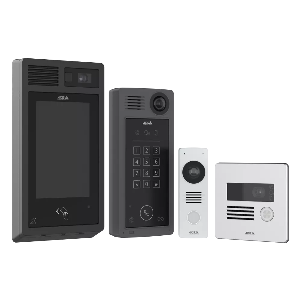 Four gray and white intercom systems on white background.