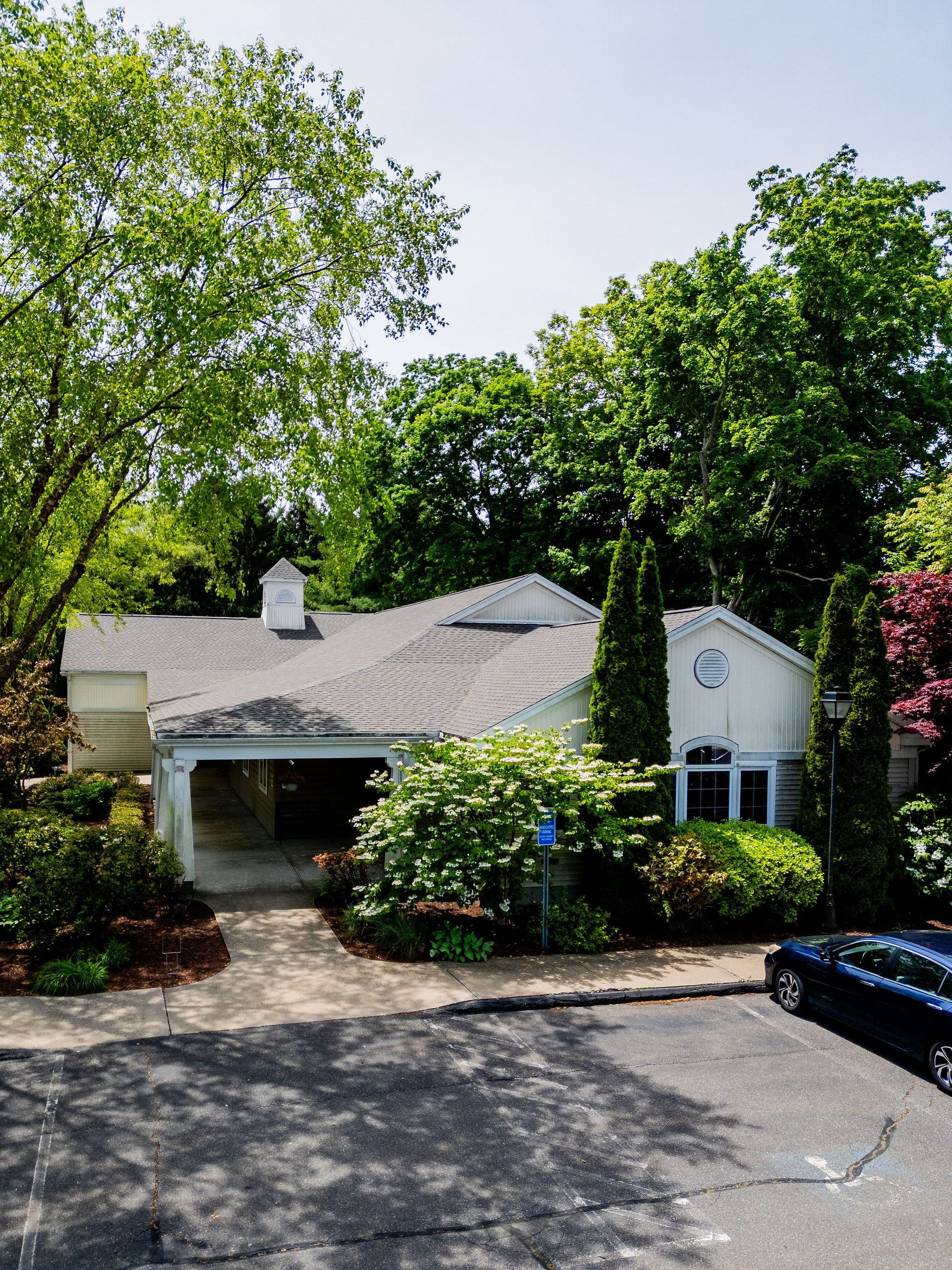 A white, single-story house with a carport, surrounded by lush green trees and shrubbery, on a sunny day.