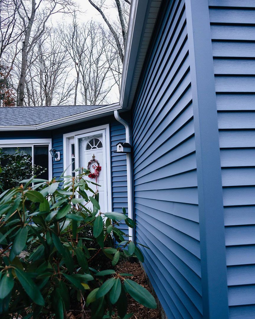 Blue-sided house with white door, surrounded by greenery.
