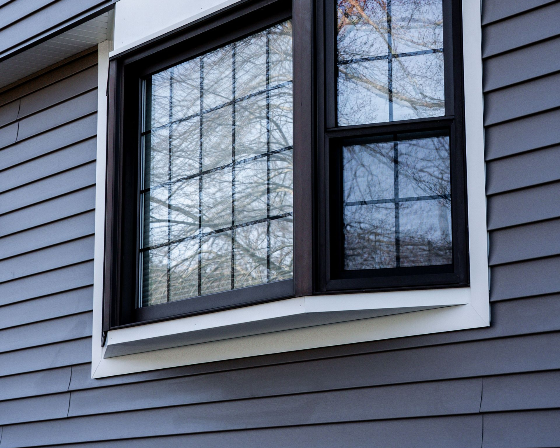 Gray house siding with a bay window and white trim, reflecting bare tree branches.