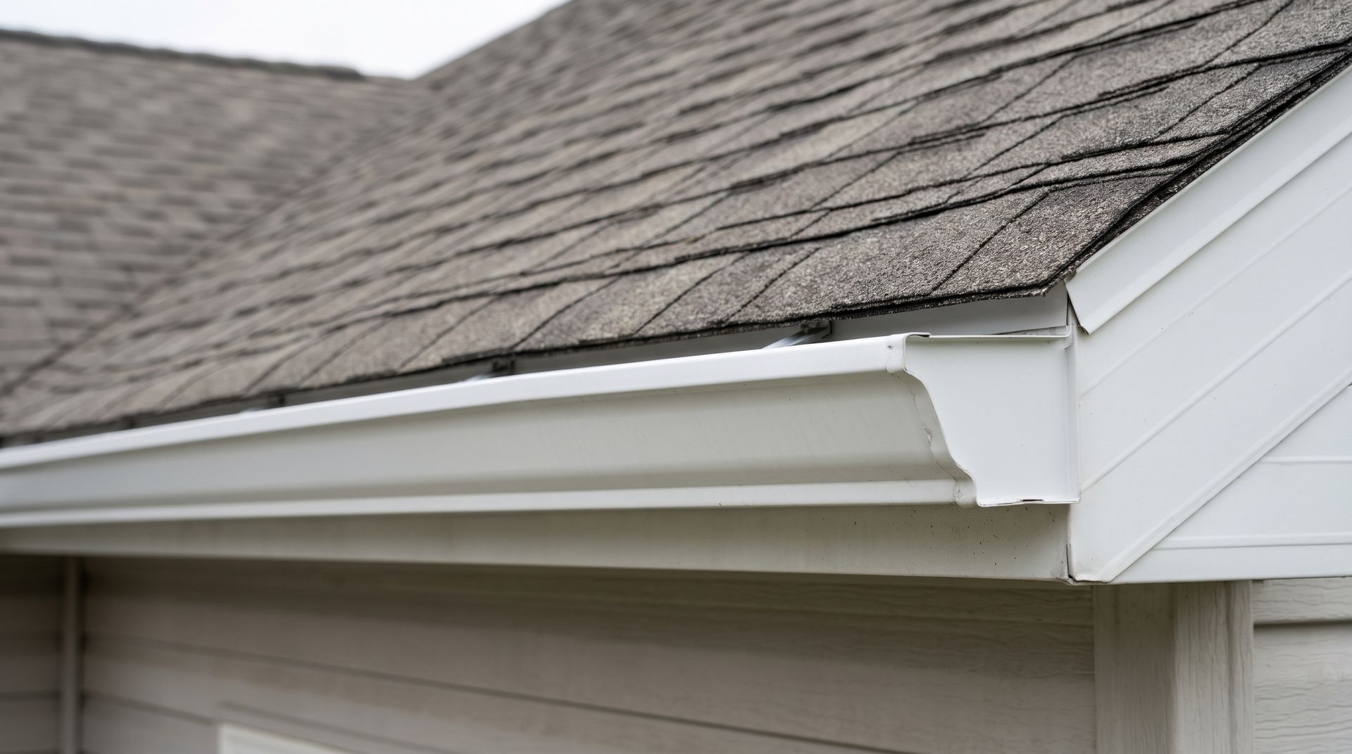 Close-up of a house roof edge with white gutter and gray shingles under cloudy light