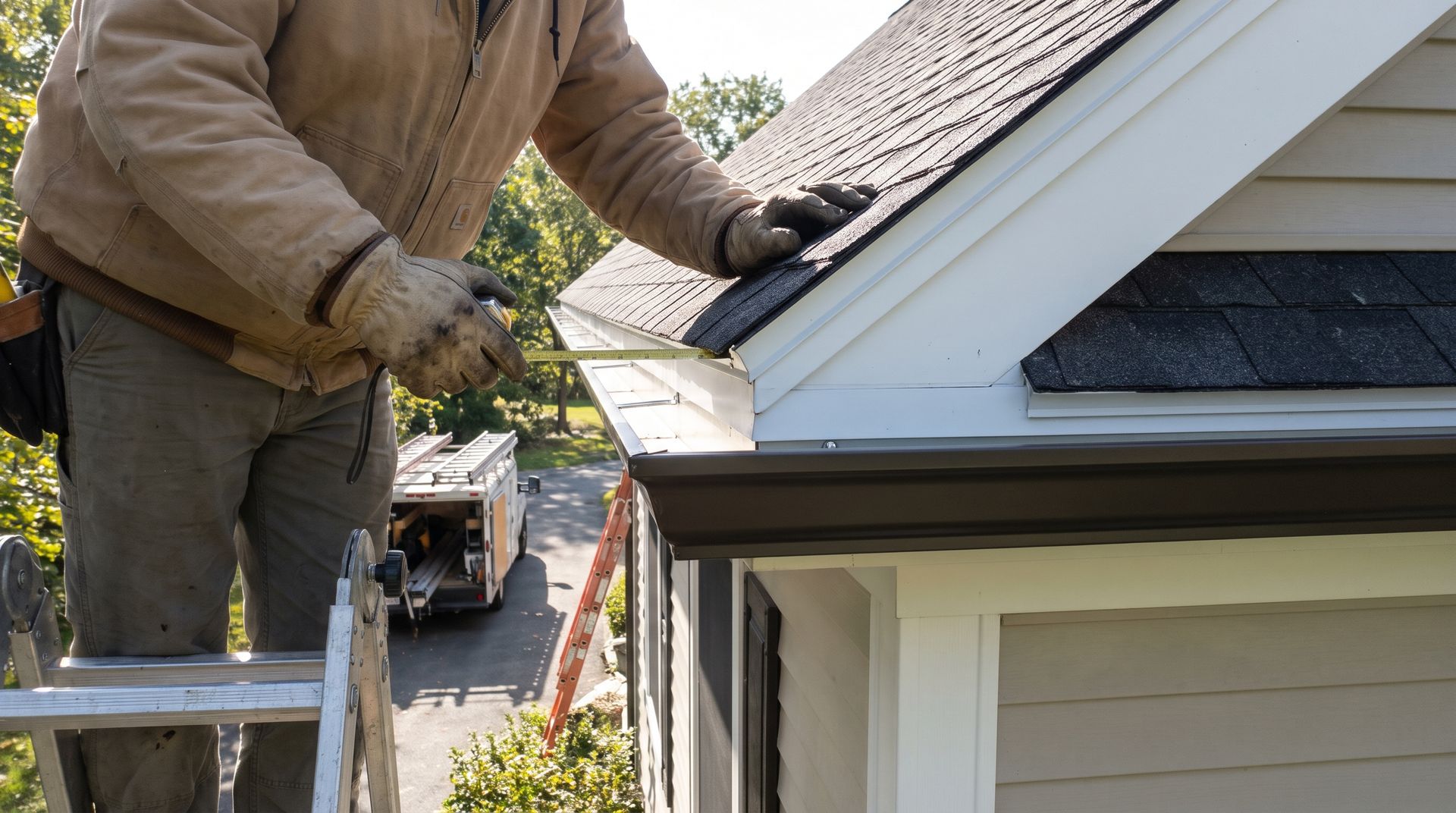 Worker installing shingles on a house roof beside a dormer window