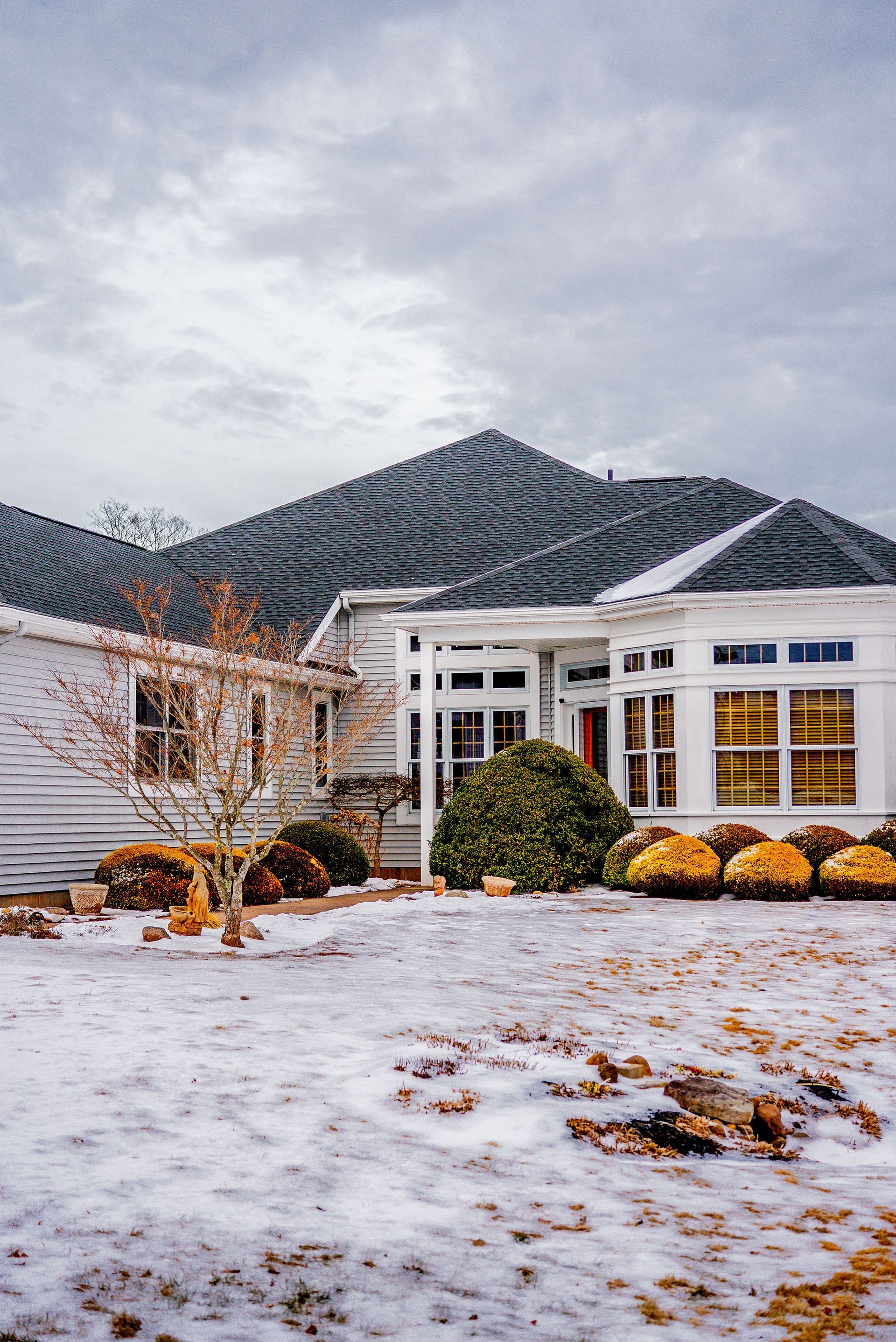 A white house with a patterned roof is surrounded by snow, bare trees, and winter foliage under an overcast sky.