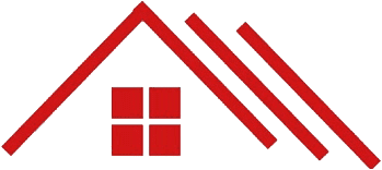 Red stylized roof with window, and three slanted lines.