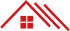 Red stylized roof with window, and three slanted lines.