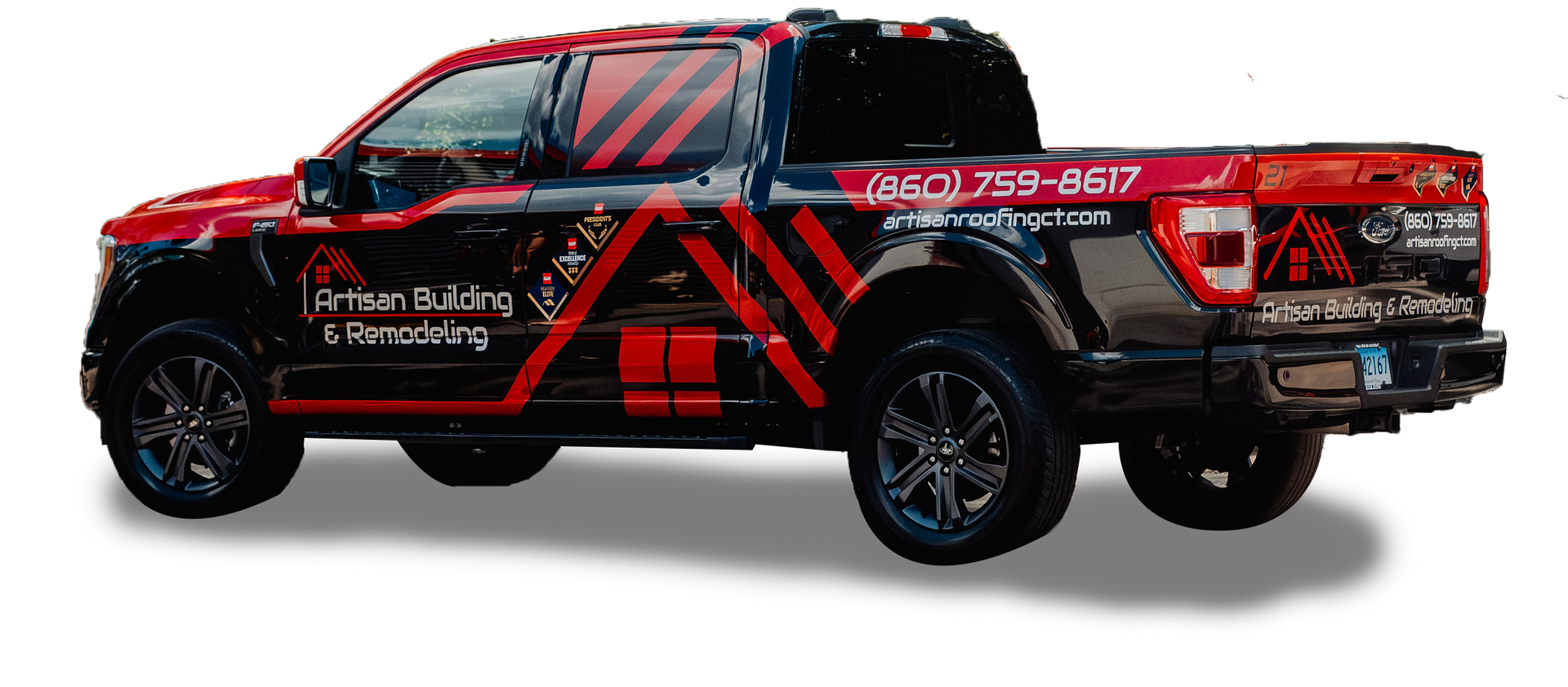 Black and red pickup truck with company logos and phone number.