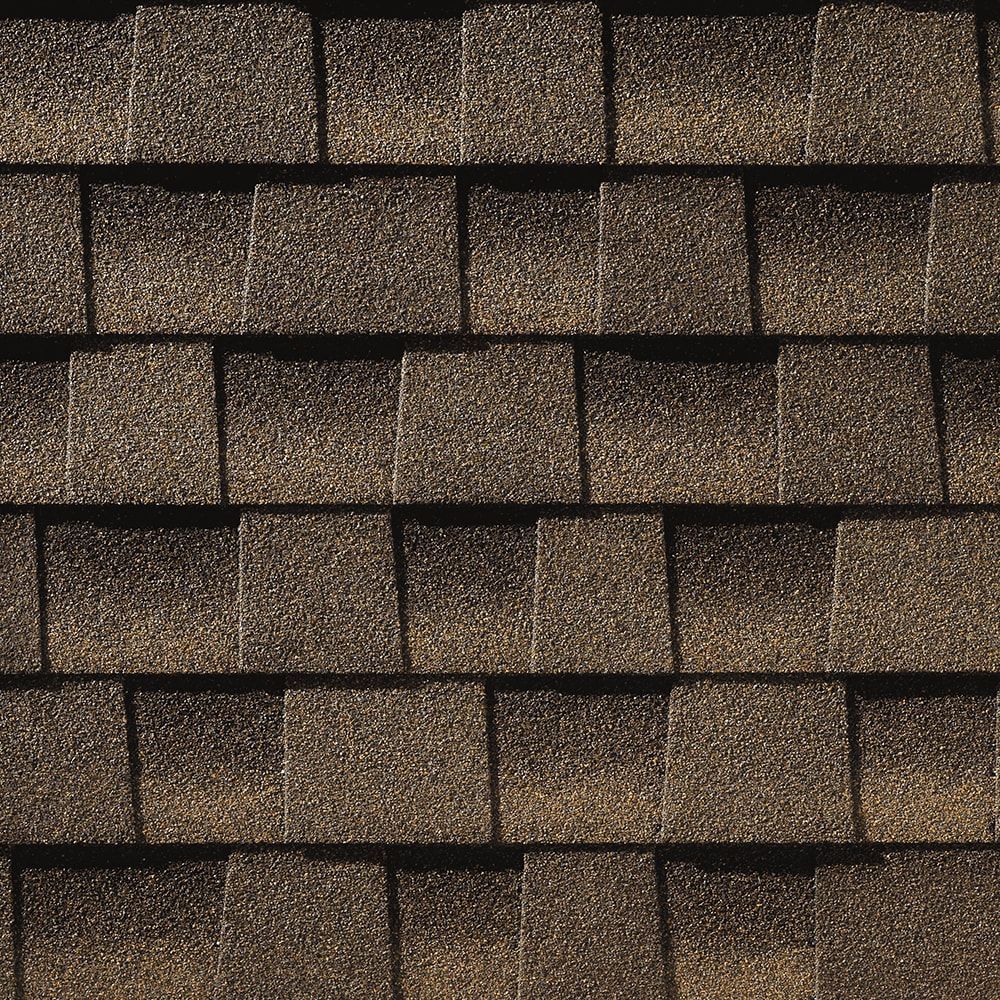Close-up view of brown asphalt roof shingles.