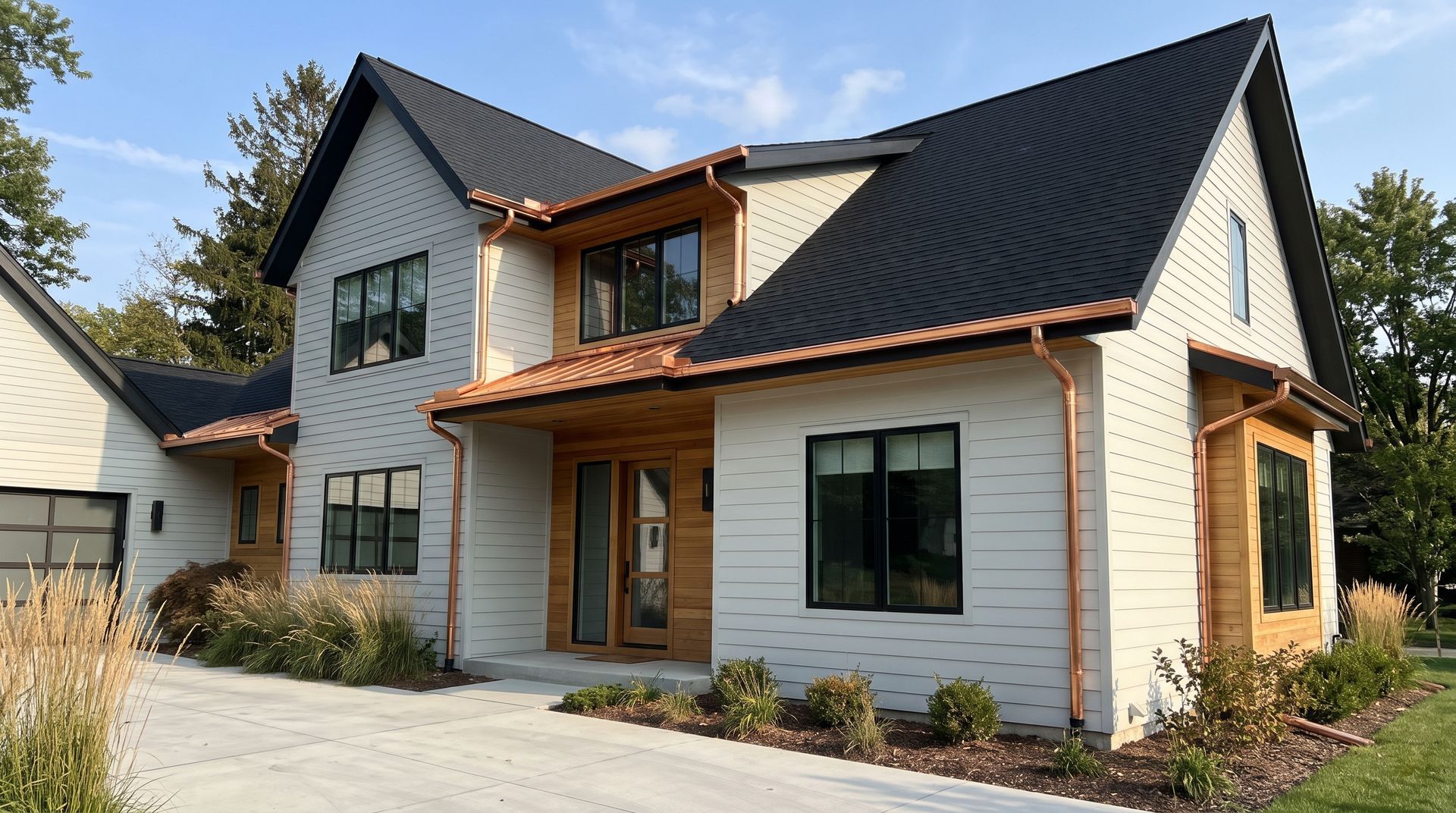 Modern two-story house with white siding, black roof, and a wooden front porch beside a driveway.