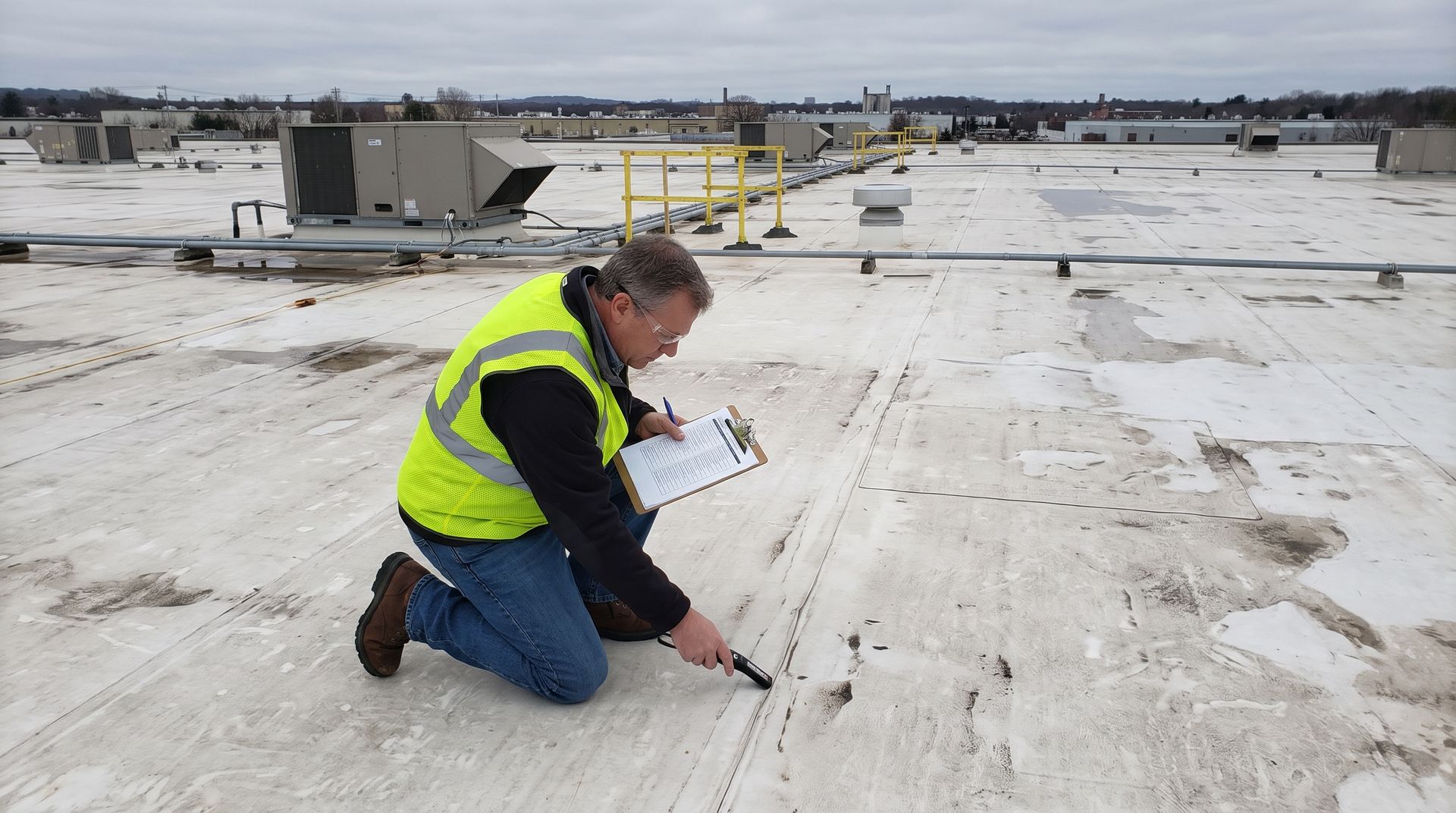 Worker in a high-visibility vest kneels on a flat roof, inspecting seams with a clipboard.