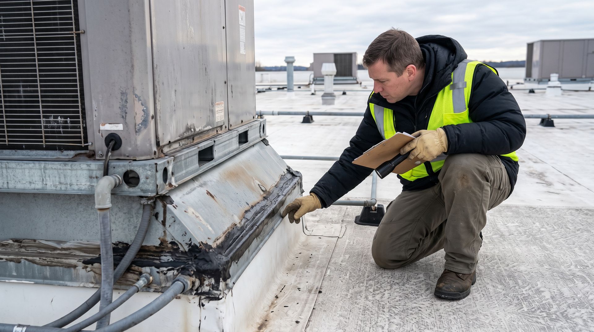 Worker inspecting rooftop HVAC unit with a paintbrush, kneeling beside weathered flashing on a flat roof.