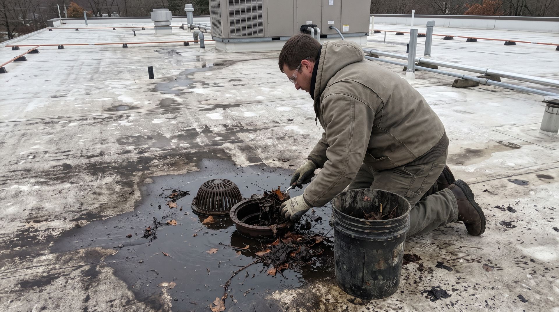 Worker kneeling on snowy rooftop, clearing debris from a dark puddle beside buckets.