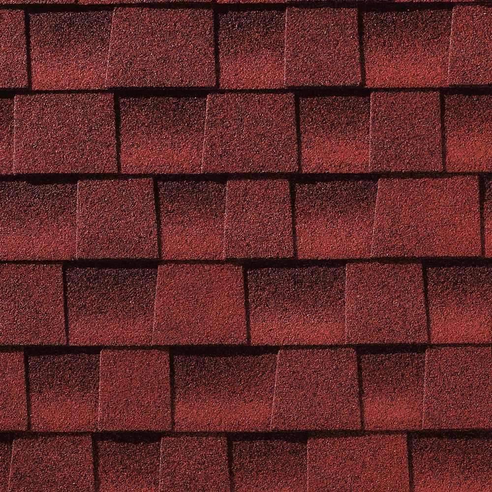 Red asphalt roof shingles.