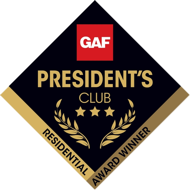 GAF President's Club Award Winner badge, black and gold, with a red top, three gold stars, and laurel leaves.