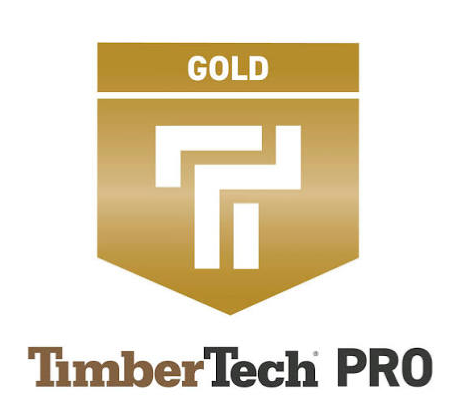 TimberTech Pro Gold logo with gold shield emblem and white geometric mark