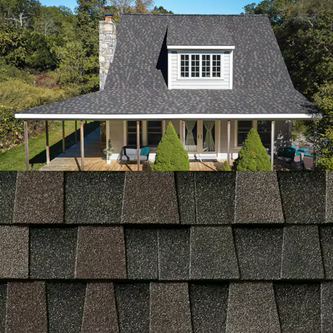 House with gray shingle roof and dormer, shown above a close-up of dark asphalt roofing shingles