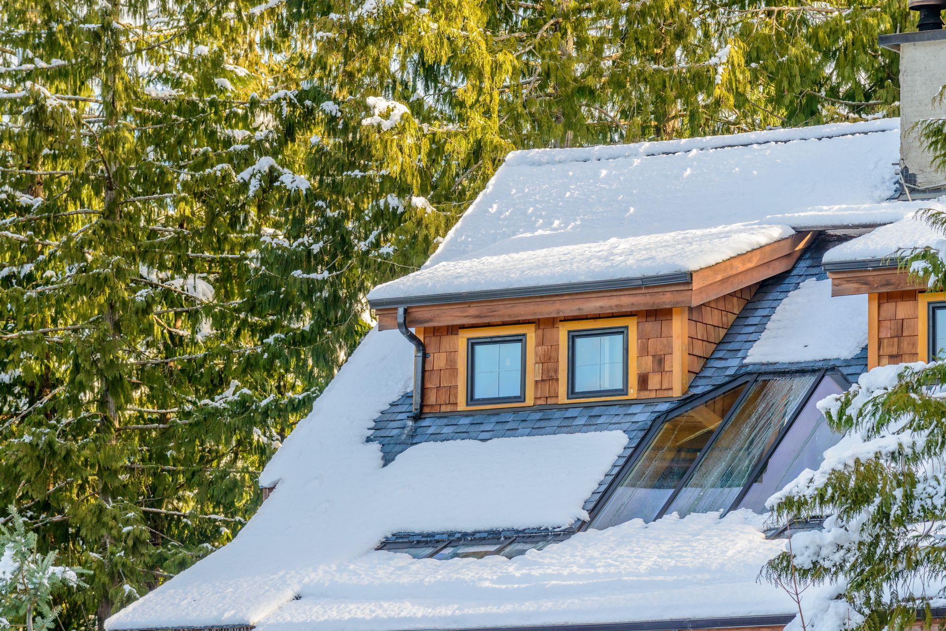 Snow-covered roof of a house with small windows, set against a backdrop of evergreen trees.