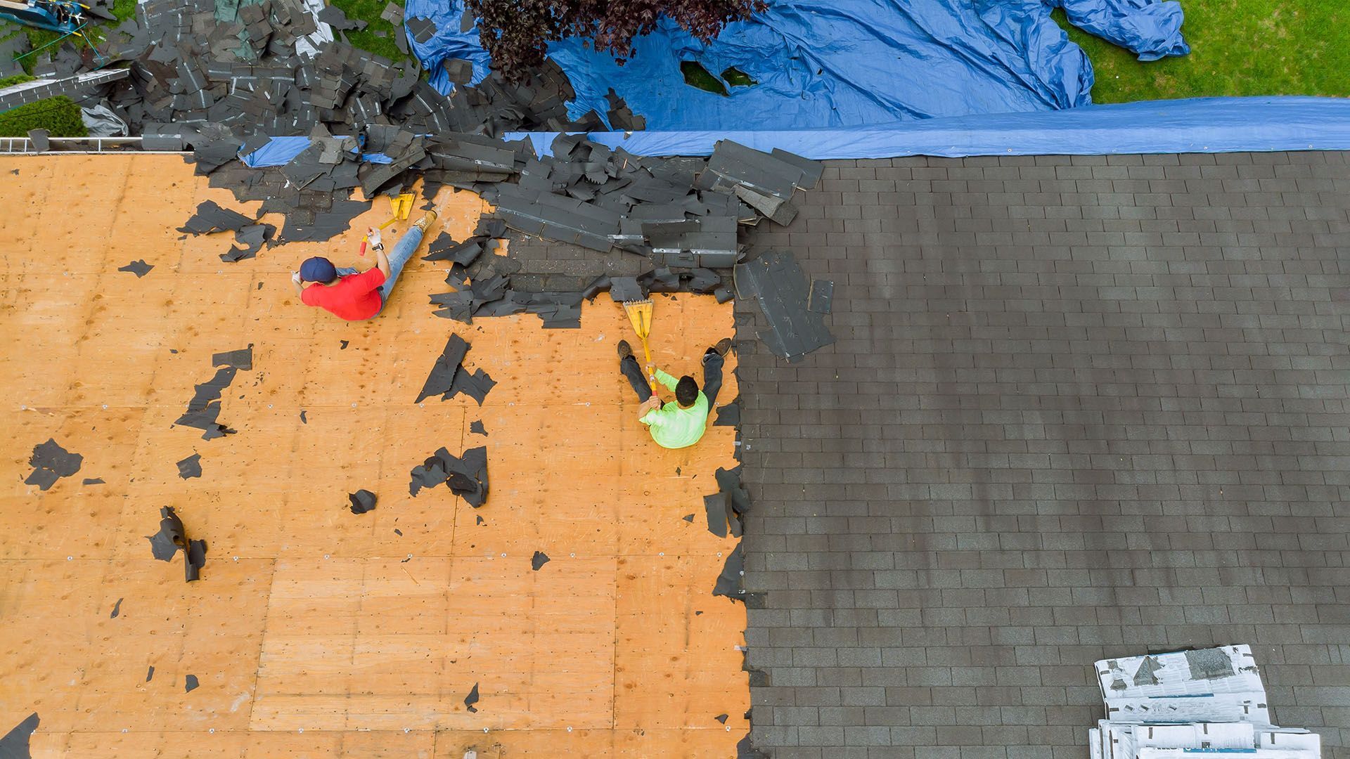 Roofers removing old shingles from a house, working in bright colors, with a tarp nearby.