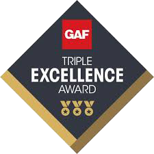 GAF Triple Excellence Award badge: dark blue diamond with gold border, red GAF logo, white text, and three gold medals.
