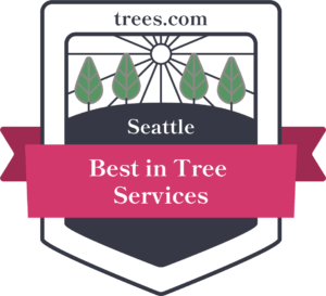 Trees.com Seattle “Best in Tree Services” award badge with green trees and a pink ribbon