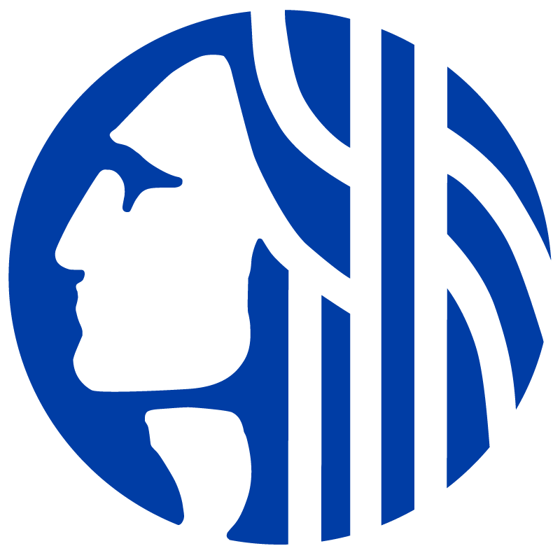 Blue circular logo with a white profile silhouette and stylized vertical lines