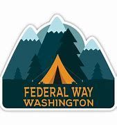 Federal Way, Washington logo with mountains and a tent in teal, orange, and white