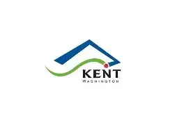 Logo of Kent, Washington: blue roof shape, green wave, red dot, and 