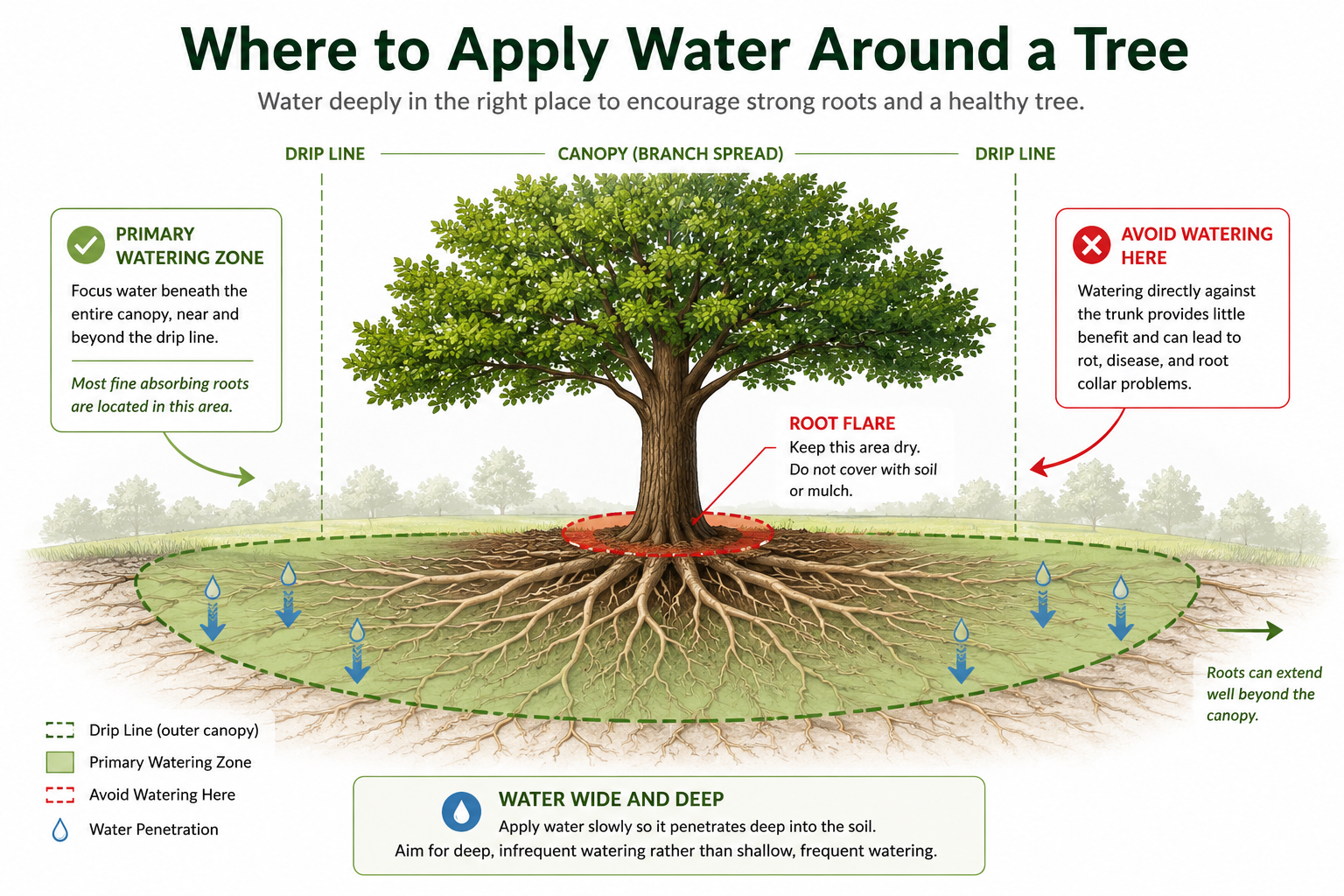 Diagram showing the correct watering zone around a tree with the drip line, root flare, and primary root zone labeled.