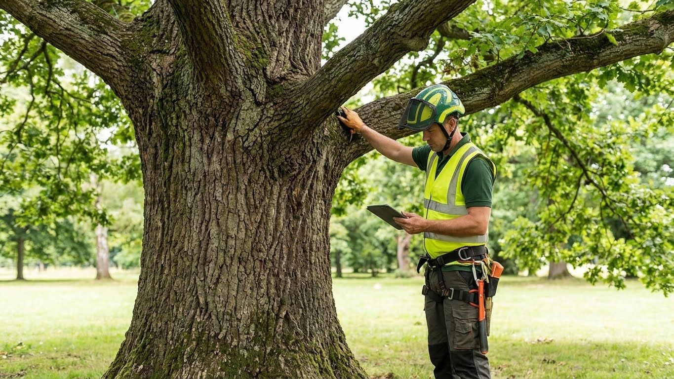 ISA Certified Arborist performing a tree inspection and risk assessment in Seattle