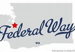 Logo of Federal Way, WA, with map of Washington state and a star marking the city. Dark blue script text.