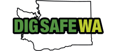 Green and yellow “DIG SAFE WA” text over outline of Washington state