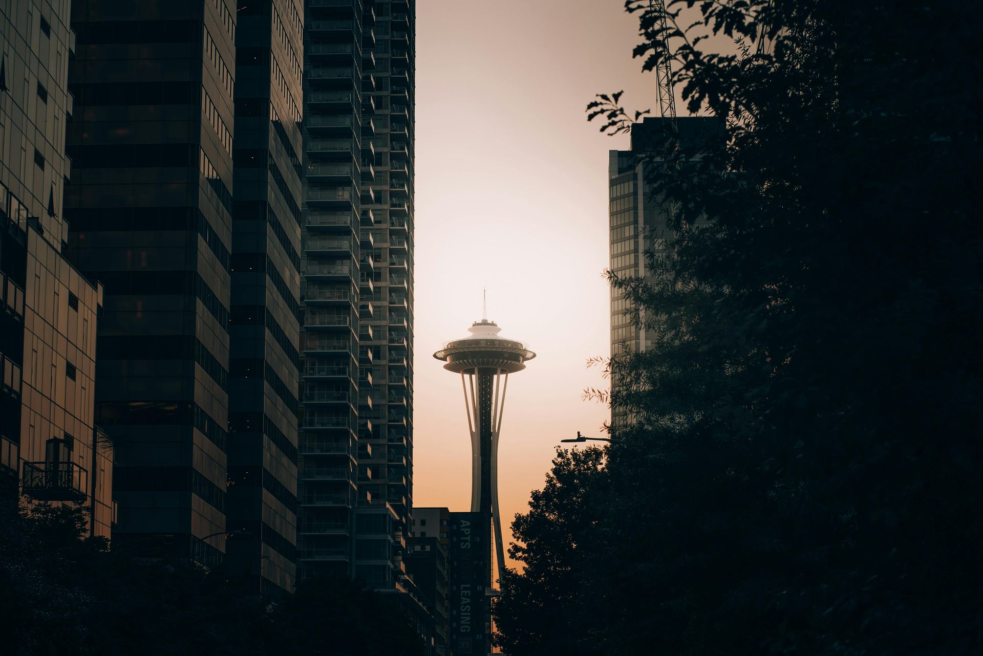 Space Needle framed between tall buildings against a dusky sky.