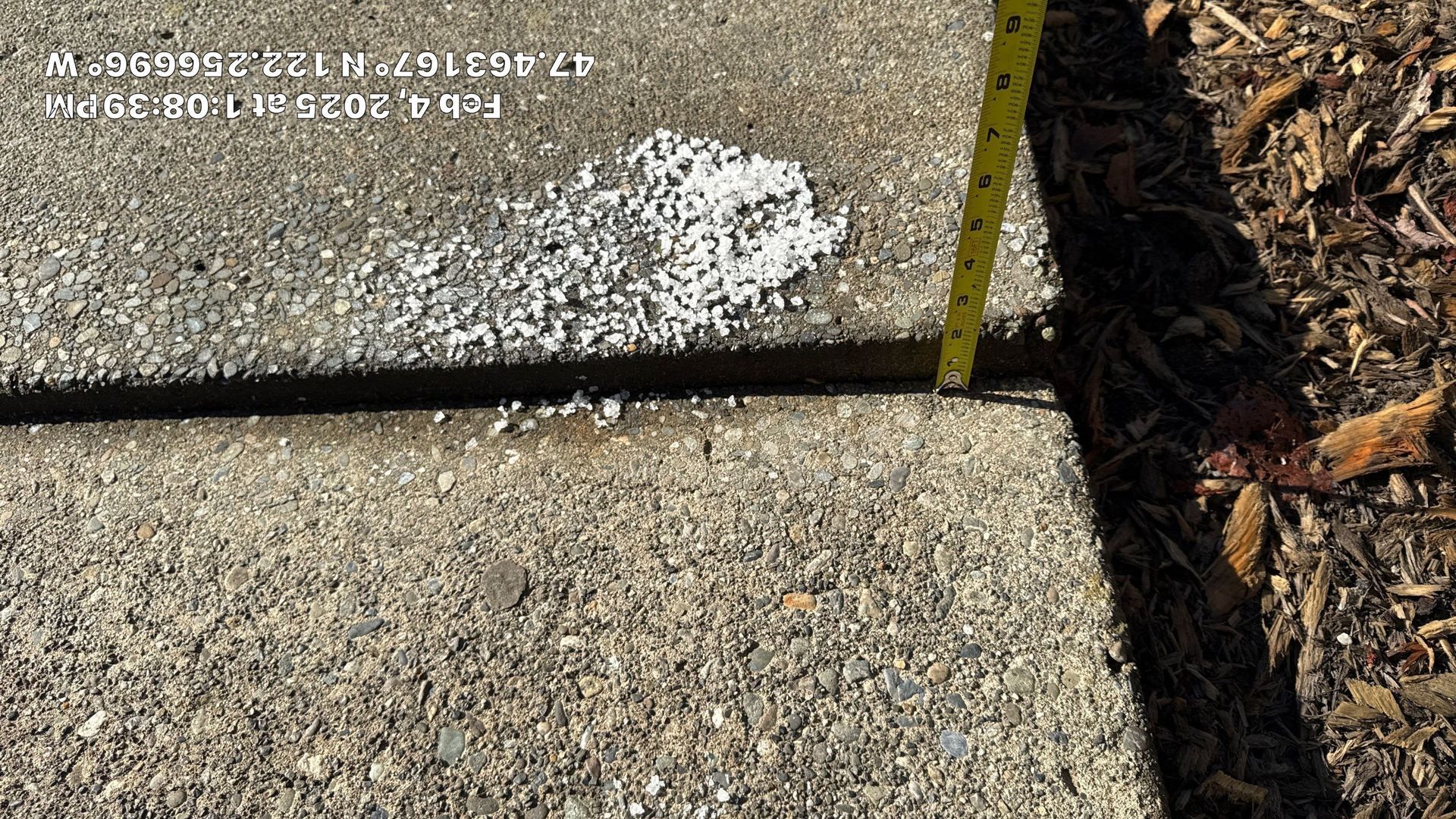 Close-up of cracked sidewalk with a yellow measuring stick and a patch of white paint or residue.