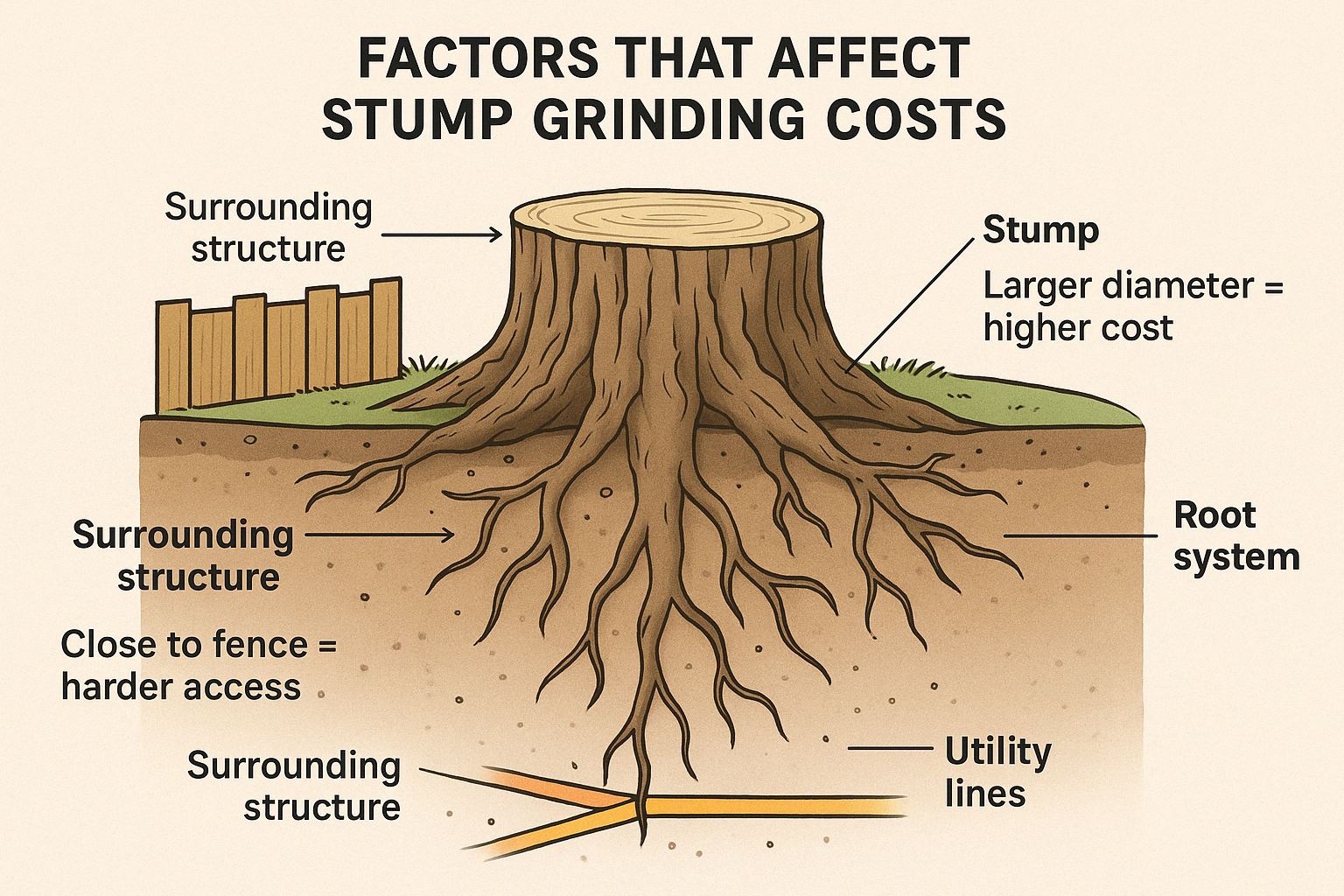 Diagram of stump grinding cost factors, showing stump size, roots, surrounding structures, fence, and utility lines.