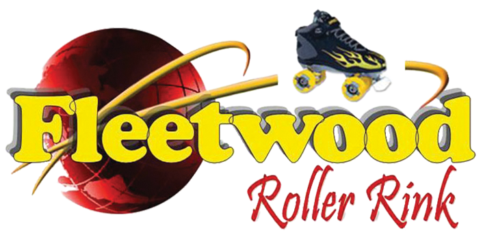 Logo for Fleetwood Roller Rink: yellow letters, red globe, black roller skate, with the words Roller Rink in red.