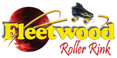 Logo for Fleetwood Roller Rink: yellow letters, red globe, black roller skate, with the words Roller Rink in red.