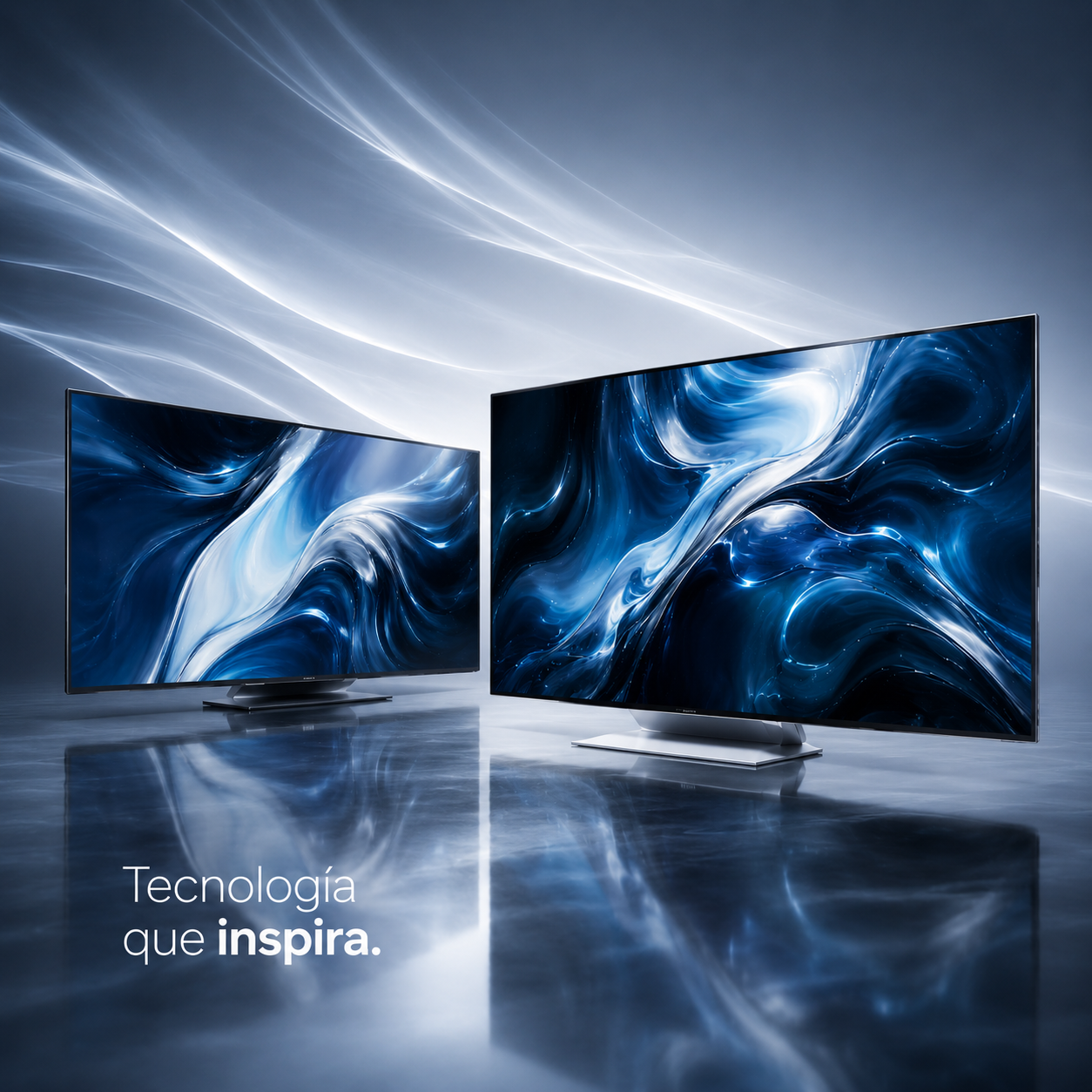 Dos elegantes televisores muestran ondas abstractas azules sobre un suelo brillante, con el texto “Tecnología que inspira”.