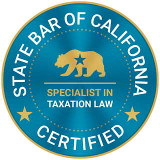 California Bar Certified Specialist in Taxation Law seal, blue and gold with bear emblem